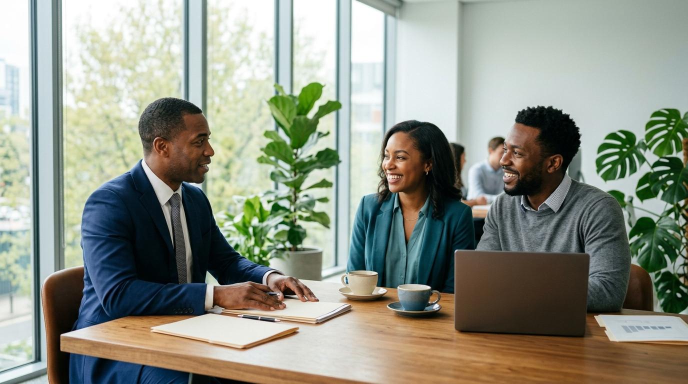 African American independent insurance advisor consulting with clients in Indianapolis office