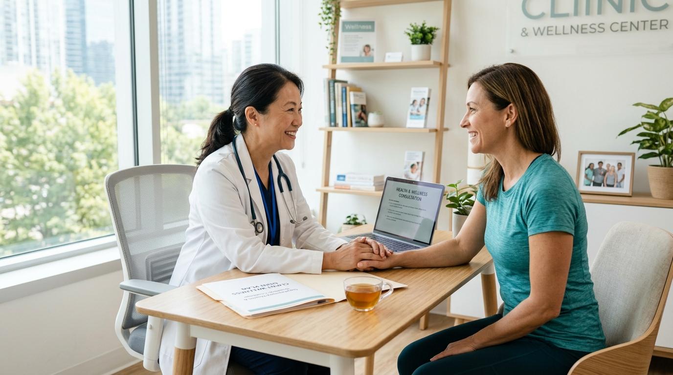Doctor and healthcare specialist consulting with patient in a modern bright clinic
