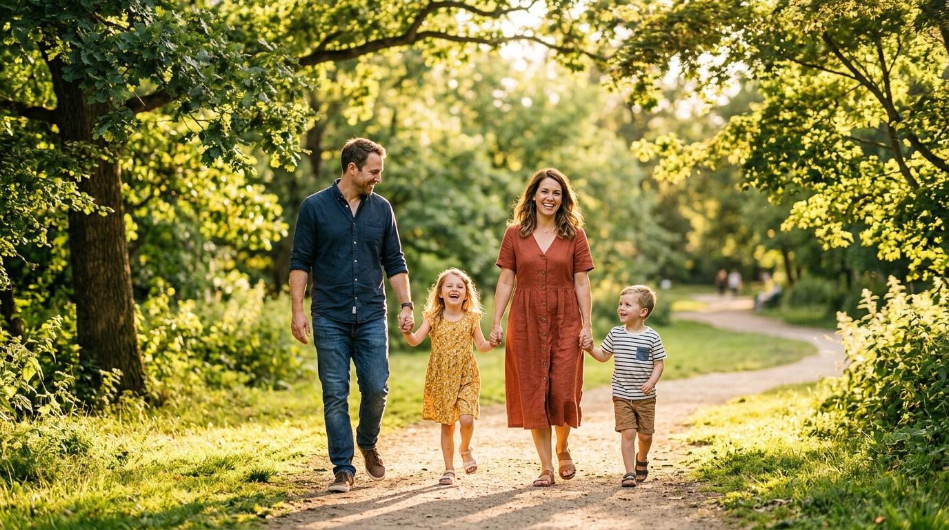 Happy smiling multi-generational family walking together outdoors in a sunny park