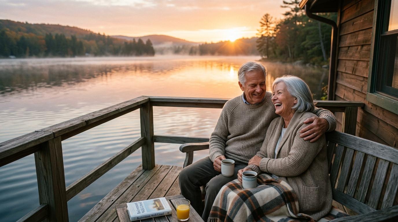 Smiling mature couple enjoying a peaceful lake retreat at sunrise