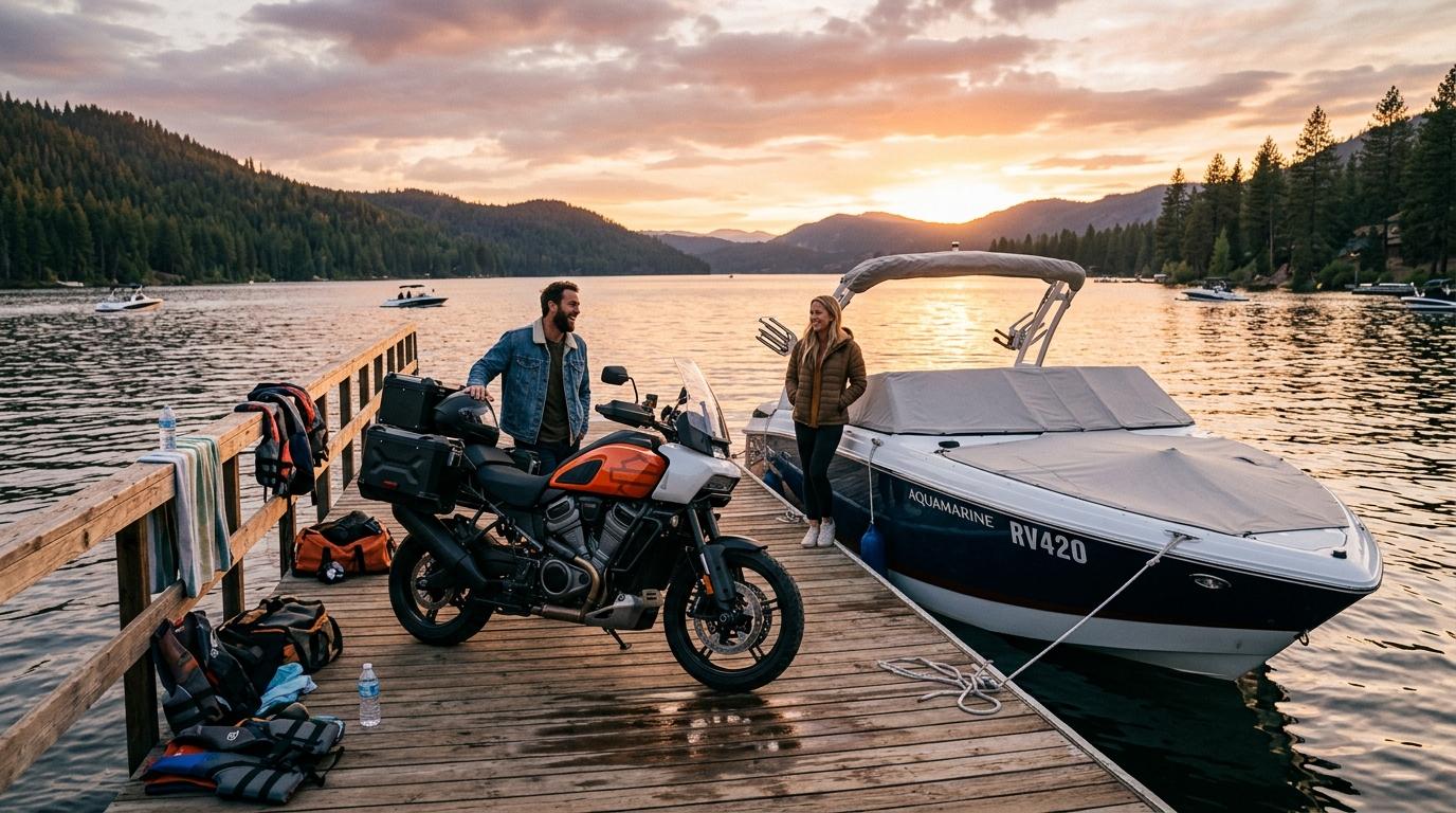 Modern speed boat and touring motorcycle beside a scenic lake dock at sunset